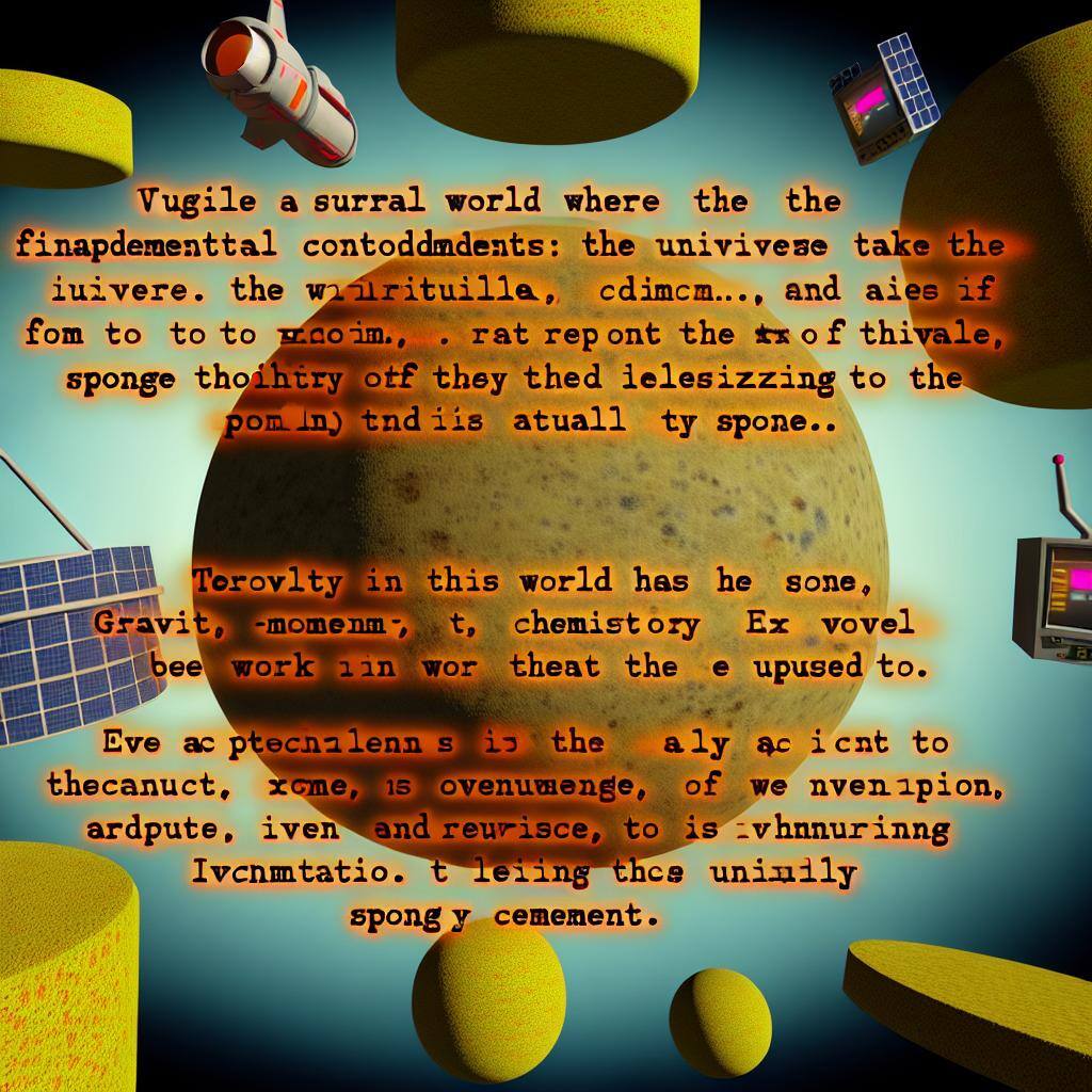 An image of a surreal world where the foundational elements of the universe are depicted as sponges, with physics, technology, and daily life adapting to these unique properties.